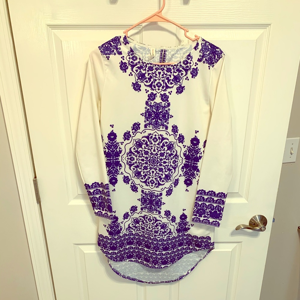 White and blue print dress